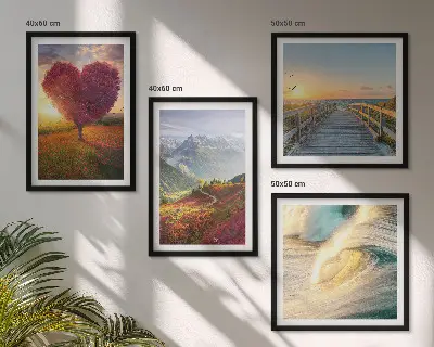 Multi-piece wall art set featuring landscapes of mountains, waves, trees, hearts, and piers