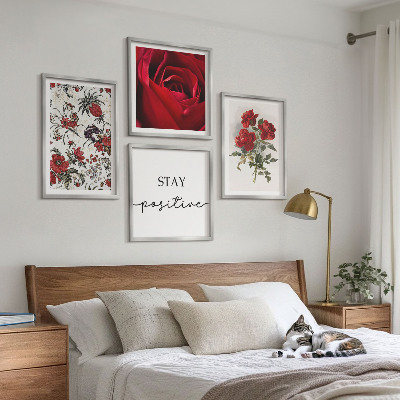 Set of 4 wall art pieces Red roses flowers inscription