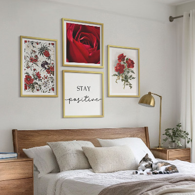 Set of 4 wall art pieces Red roses flowers inscription