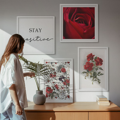 Set of 4 wall art pieces Red roses flowers inscription