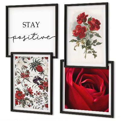 Set of 4 wall art pieces Red roses flowers inscription