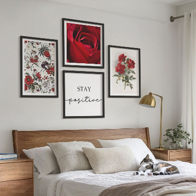 Set of 4 wall art pieces Red roses flowers inscription