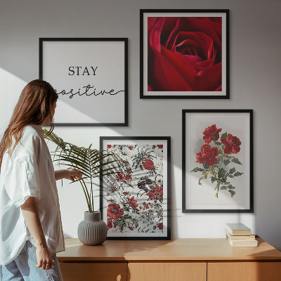 Set of 4 wall art pieces Red roses flowers inscription