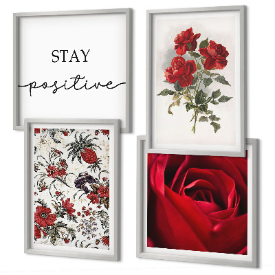 Set of 4 wall art pieces Red roses flowers inscription