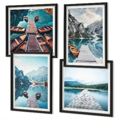 Multi-piece wall decor set featuring lake wooden piers and boats