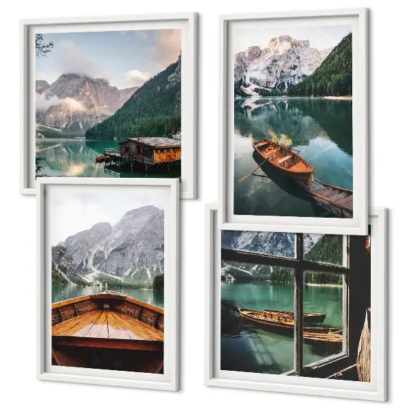 Set of 4 wall art pieces featuring lake, mountains, boats, and cottage window scenery