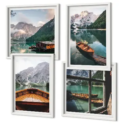 Set of 4 wall art pieces featuring lake, mountains, boats, and cottage window scenery