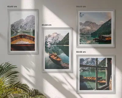 Set of 4 wall art pieces featuring lake, mountains, boats, and cottage window scenery