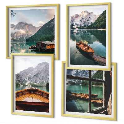 Set of 4 wall art pieces Lake, mountains, boats, cottage, window