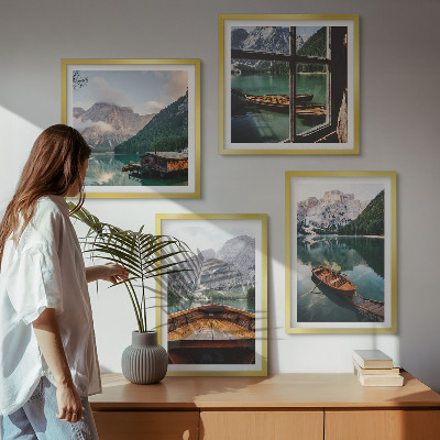 Set of 4 wall art pieces Lake, mountains, boats, cottage, window