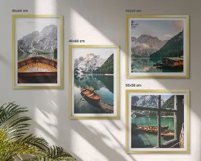Set of 4 wall art pieces featuring lake, mountains, boats, and cottage window scenery