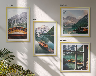 Set of 4 wall art pieces Lake, mountains, boats, cottage, window