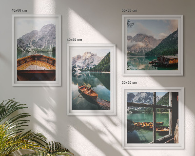 Set of 4 wall art pieces Lake, mountains, boats, cottage, window