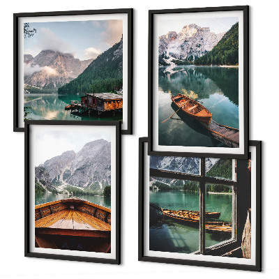 Set of 4 wall art pieces Lake, mountains, boats, cottage, window