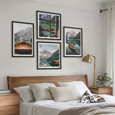 Set of 4 wall art pieces Lake, mountains, boats, cottage, window