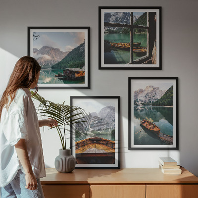 Set of 4 wall art pieces Lake, mountains, boats, cottage, window