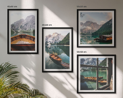 Set of 4 wall art pieces Lake, mountains, boats, cottage, window