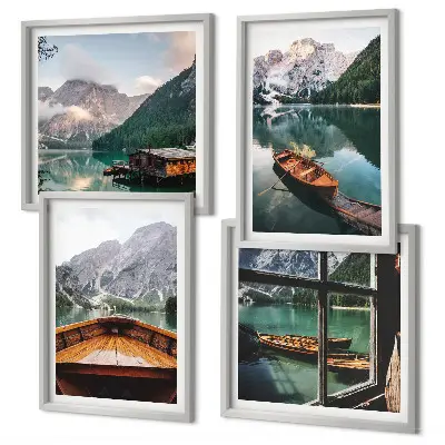 Set of 4 wall art pieces featuring lake, mountains, boats, and cottage window scenery