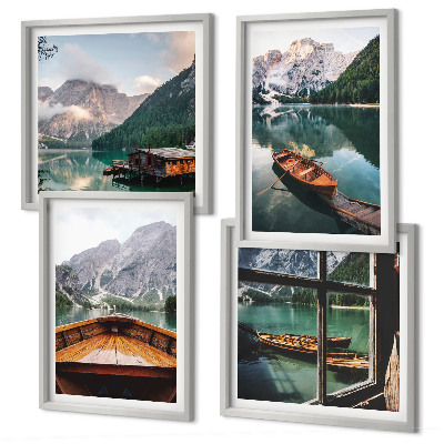 Set of 4 wall art pieces Lake, mountains, boats, cottage, window