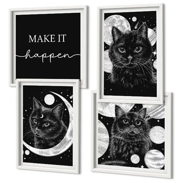 Wall art set featuring black cats, a moon, and a planet