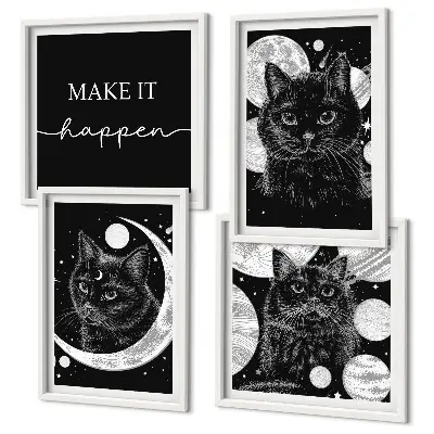 Wall art set featuring black cats, a moon, and a planet