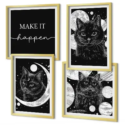 Wall art set featuring black cats, a moon, and a planet