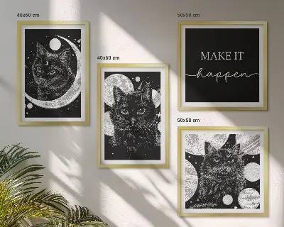 Wall art set featuring black cats, a moon, and a planet