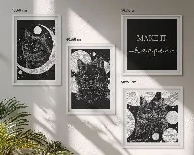 Wall art set featuring black cats, a moon, and a planet