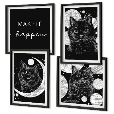 Wall art set featuring black cats, a moon, and a planet