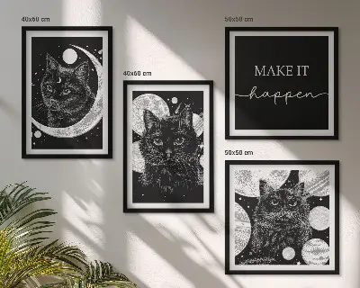 Wall art set featuring black cats, a moon, and a planet