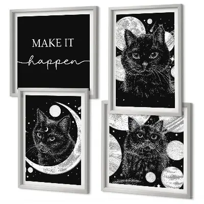 Wall art set featuring black cats, a moon, and a planet