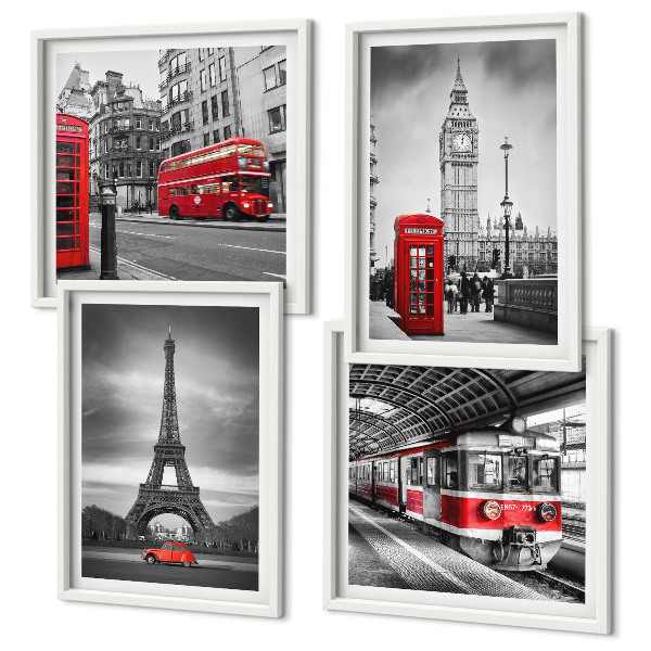 Set of 4 wall art pieces Red buses in the city