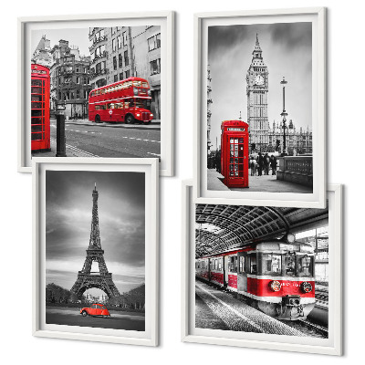 Set of 4 wall art pieces Red buses in the city
