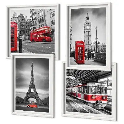 Red buses in the city wall art set of 4 pieces