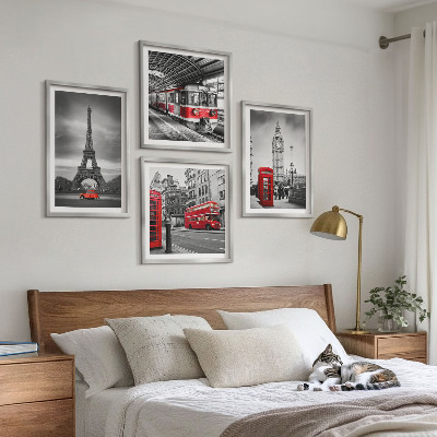 Set of 4 wall art pieces Red buses in the city