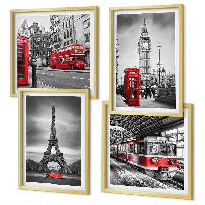 Set of 4 wall art pieces Red buses in the city