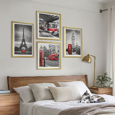 Set of 4 wall art pieces Red buses in the city