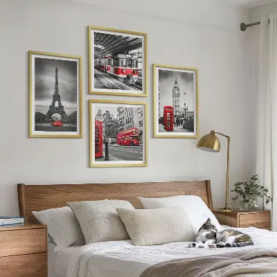 Red buses in the city wall art set of 4 pieces