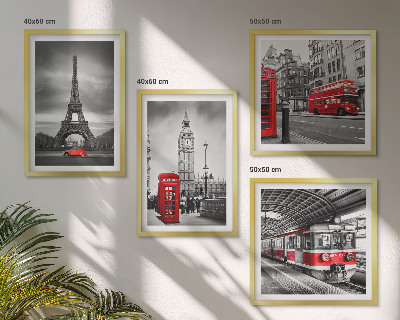 Set of 4 wall art pieces Red buses in the city