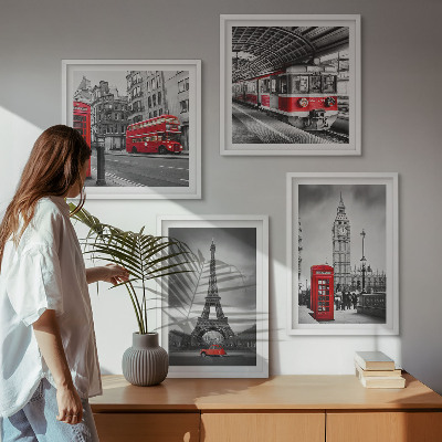 Set of 4 wall art pieces Red buses in the city