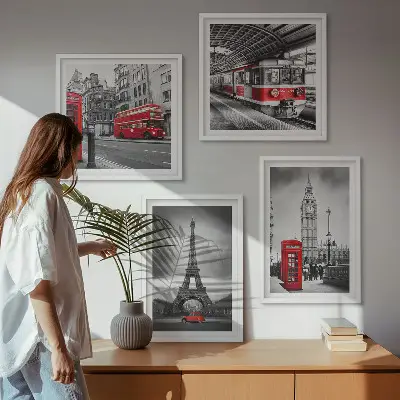 Red buses in the city wall art set of 4 pieces