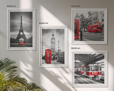 Set of 4 wall art pieces Red buses in the city