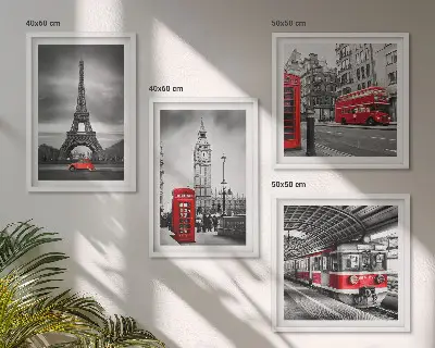 Red buses in the city wall art set of 4 pieces