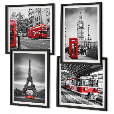 Set of 4 wall art pieces Red buses in the city