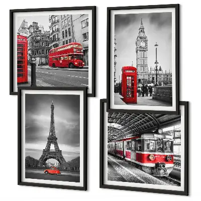 Red buses in the city wall art set of 4 pieces