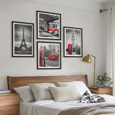 Set of 4 wall art pieces Red buses in the city