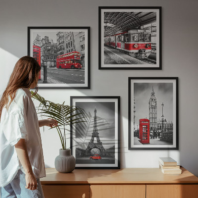 Set of 4 wall art pieces Red buses in the city