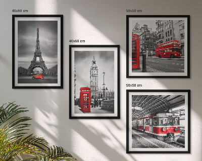 Set of 4 wall art pieces Red buses in the city
