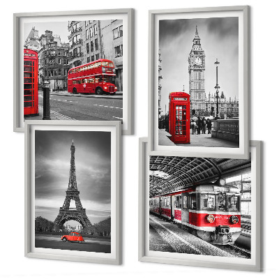Set of 4 wall art pieces Red buses in the city