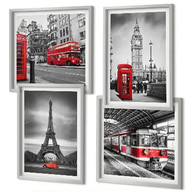 Red buses in the city wall art set of 4 pieces